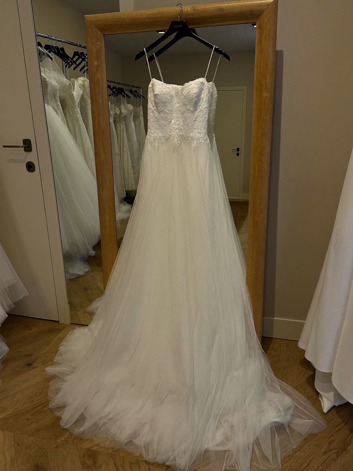 A wedding gown on display in the showroom