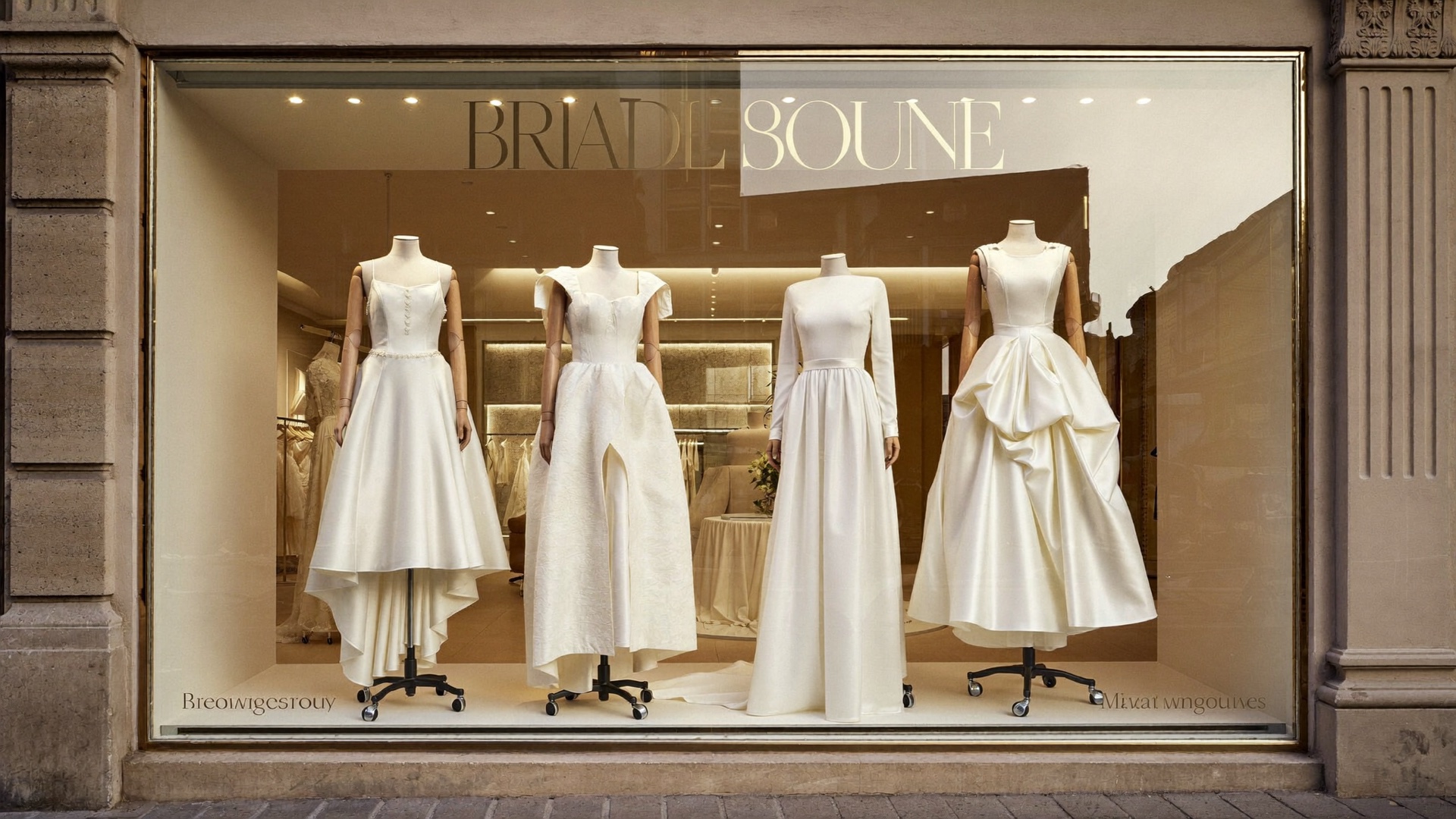 Bridal boutique window display with wedding gowns