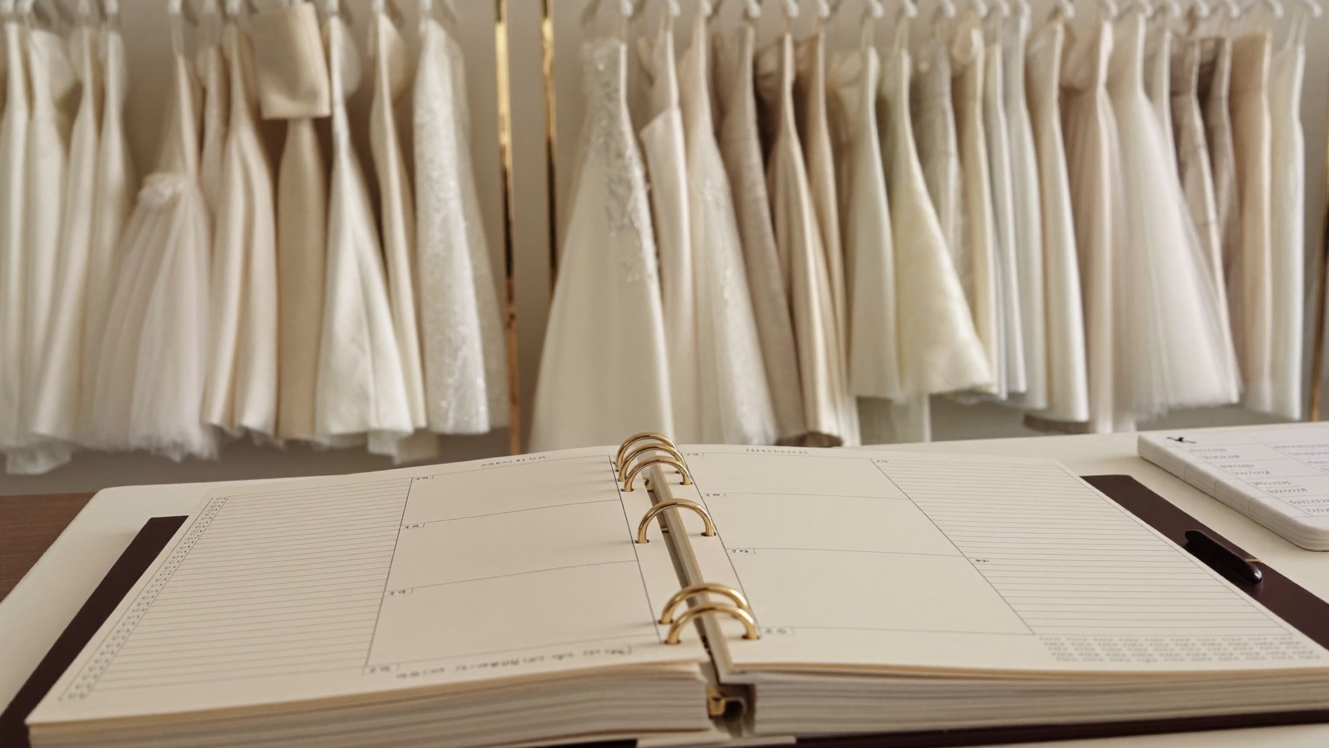 Bridal boutique appointment calendar beside wedding gowns